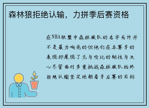 森林狼拒绝认输，力拼季后赛资格