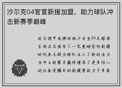 沙尔克04官宣新援加盟，助力球队冲击新赛季巅峰
