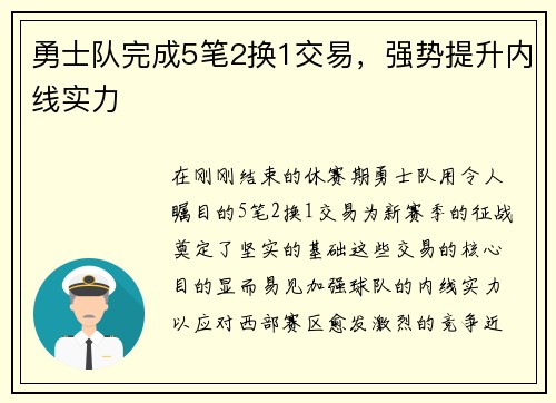 勇士队完成5笔2换1交易，强势提升内线实力