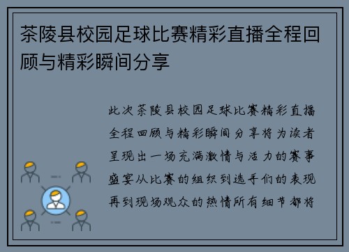 茶陵县校园足球比赛精彩直播全程回顾与精彩瞬间分享